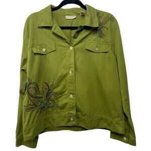 Marsh Landing Embroidered Shacket Jacket Button Front Long Sleeve Green Womens L